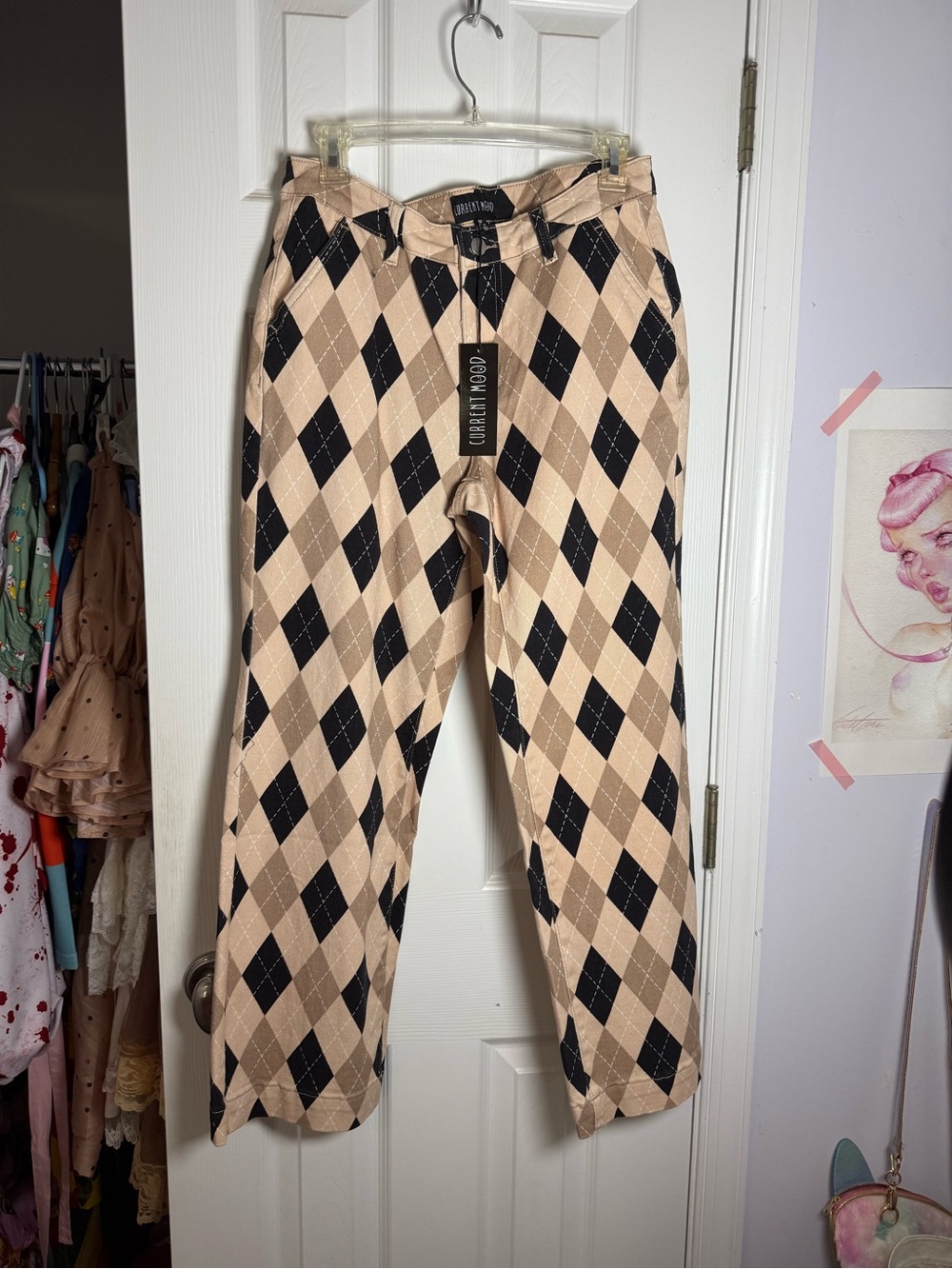 Current mood Beige Argyle Slim Pants